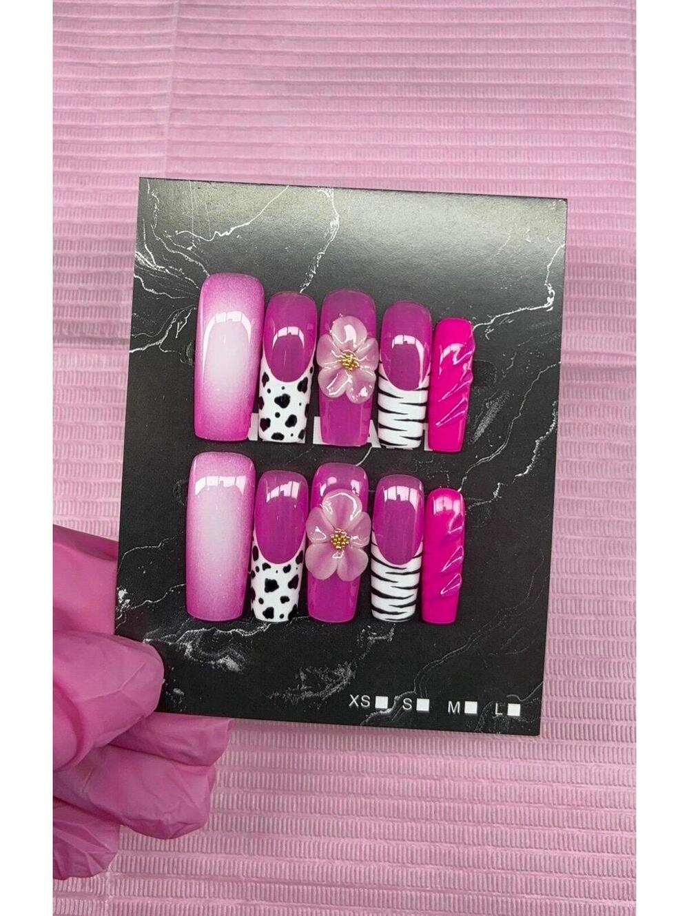 Long square press on nails animal print 3d gel flower aura